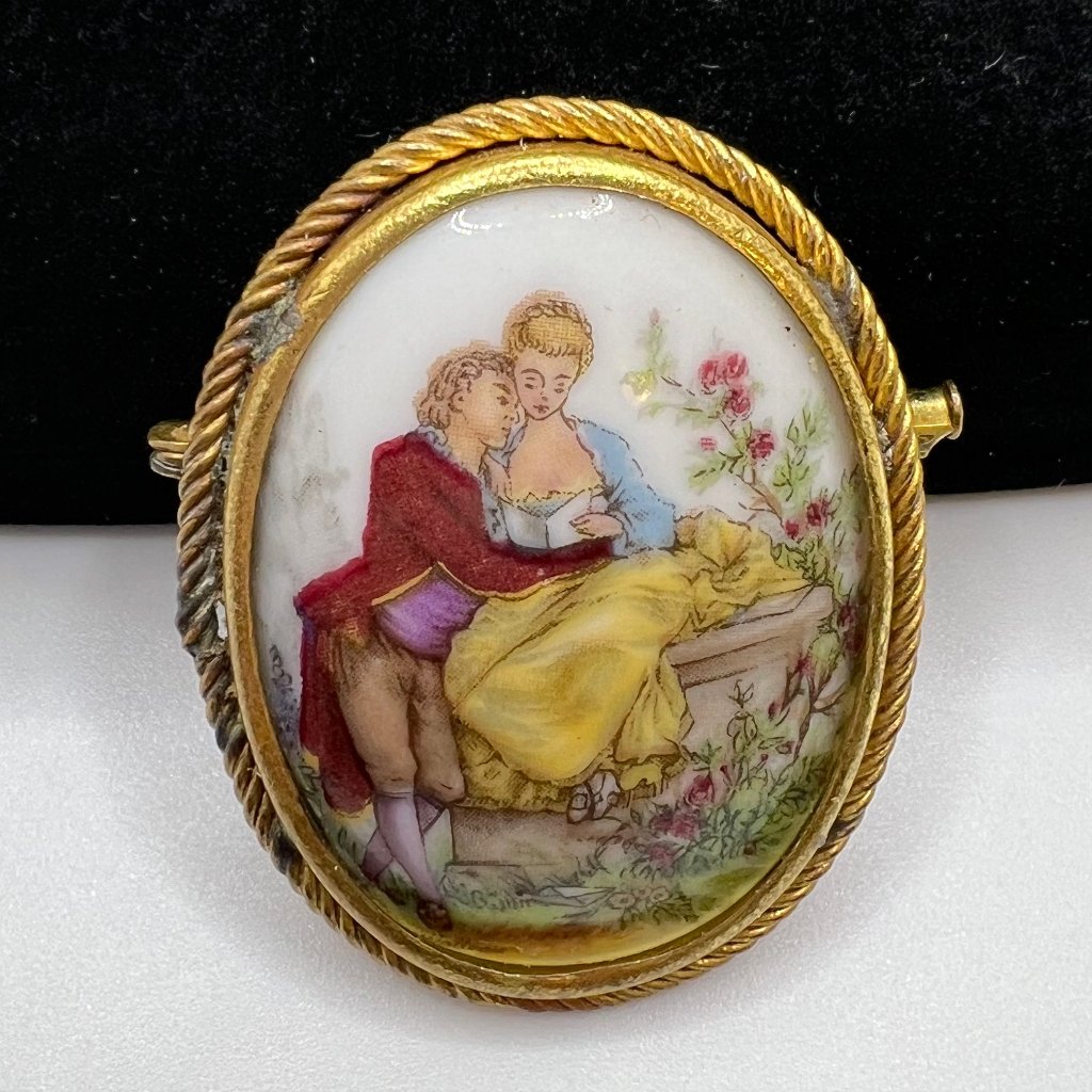 Limoges Antique Romantic Couple Brooch